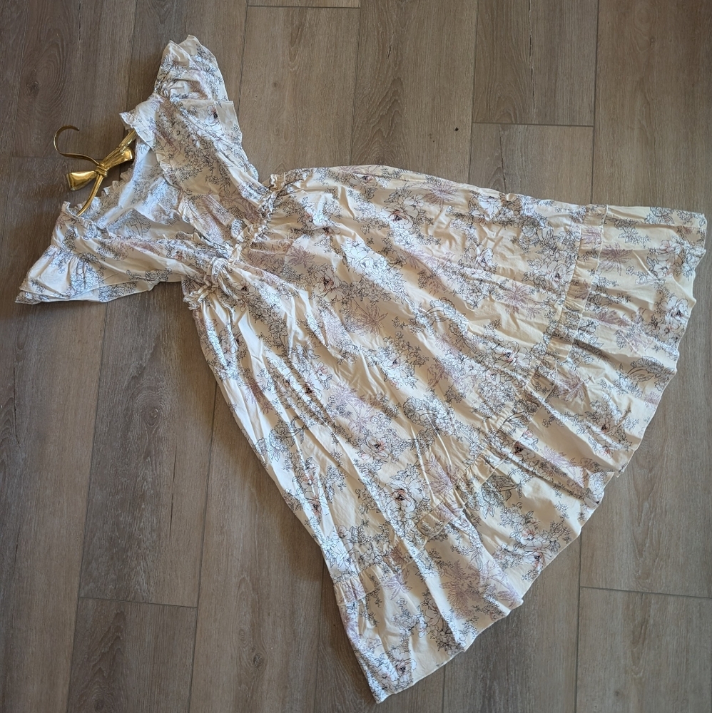 Boho cotton maxi dress M/L cream with floral pattern